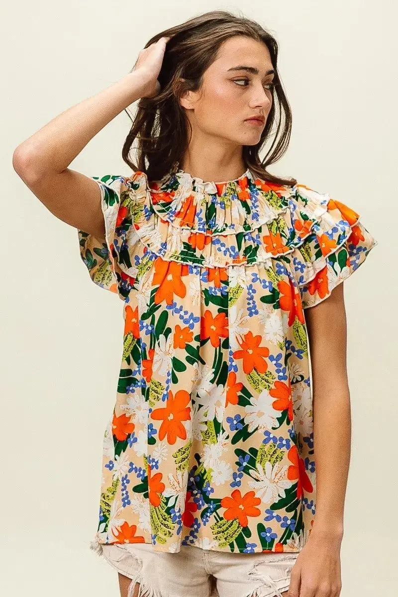 BiBi Multi Color Floral Print Woven Top for Women - Love Salve